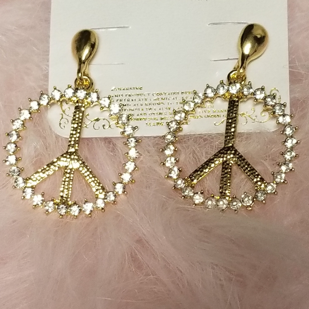 💟3/25  Gold Rhinstone Peace Sign Earings - Picture 2 of 8